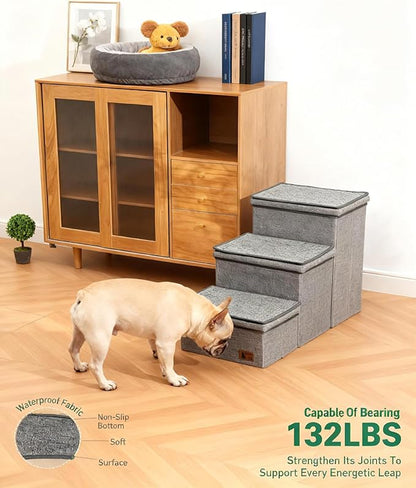 Dog Stairs with Storage, 3-Step Pet Stairs for Small & Medium Dogs and Cats, Dog Steps for Bed, Detachable & Reconfigurable Design, Anti-Slip Steps, Sturdy 132lbs Support, Ideal for Bed, Sofa & Window