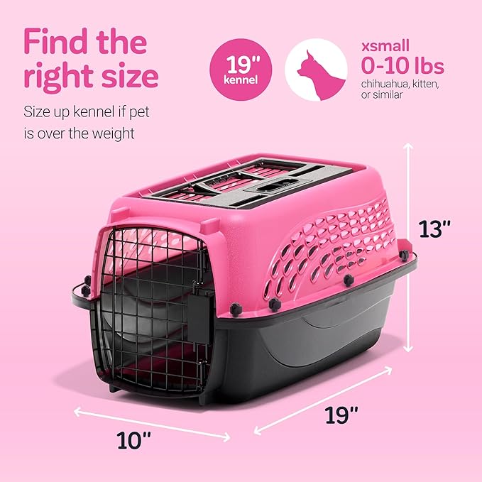 Petmate Dog Crates for Small Dogs & Cat Carriers, Two-Door Plastic Pet Kennel, Top & Front Loading, XS 19" For Dogs Up To 10 lb, Pink