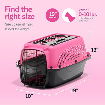 Petmate Dog Crates for Small Dogs & Cat Carriers, Two-Door Plastic Pet Kennel, Top & Front Loading, XS 19" For Dogs Up To 10 lb, Pink
