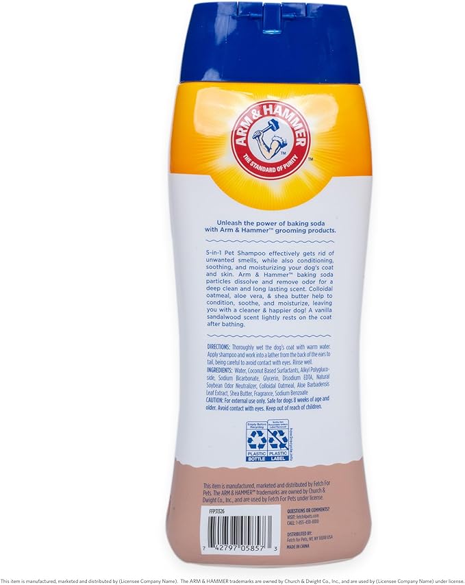 Arm & Hammer for Pets 5-in-1 Dog Shampoo with Conditioner, Deodorizing Oatmeal Dog Shampoo with Aloe, Shea Butter, Baking Soda and Coat Care, Vanilla Sandalwood Scent, 20 Fl Oz