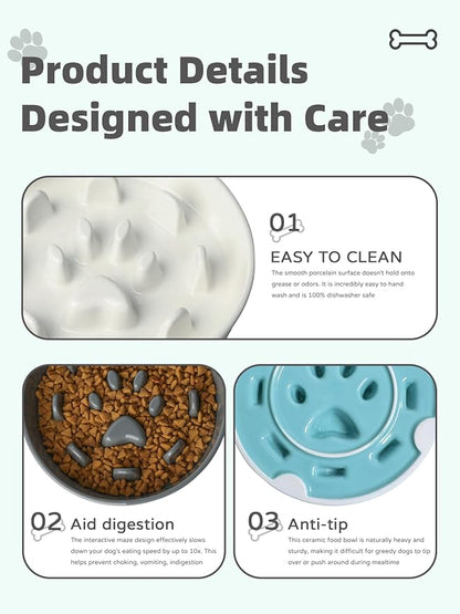 Ceramic 1.5 Cup Slow Feeder Dog Bowl, Slow Feeding Dish for Small & Medium Breeds to Slow Down Eating, Anti-Gulping, Preventing Choking (Turquoise)