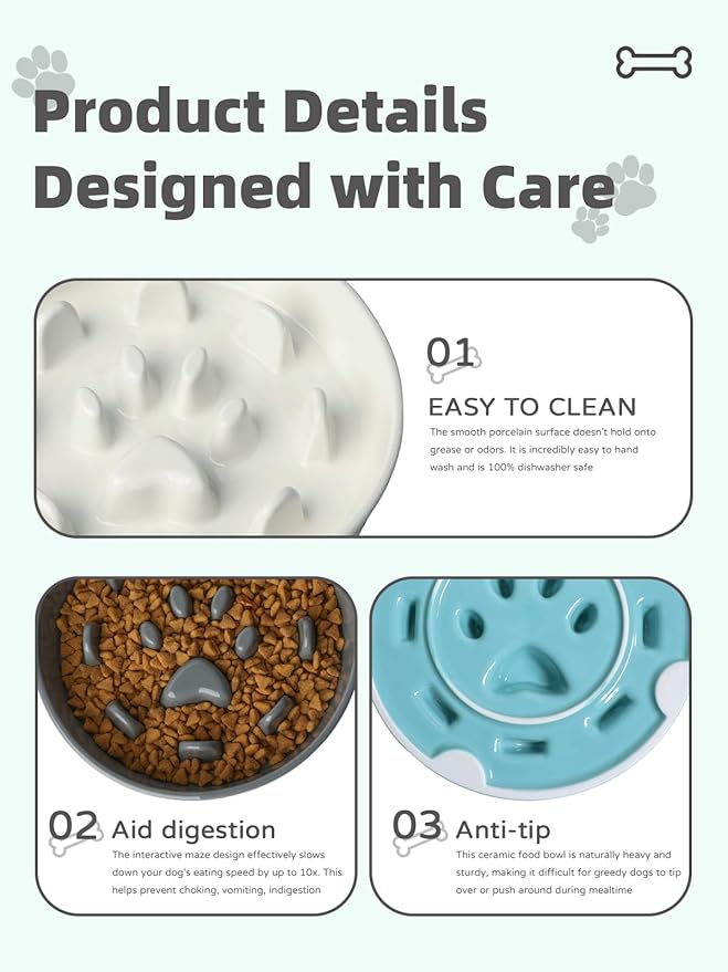 Ceramic 1.5 Cup Slow Feeder Dog Bowl, Slow Feeding Dish for Small & Medium Breeds to Slow Down Eating, Anti-Gulping, Preventing Choking (White)