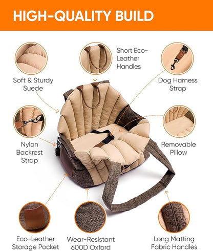 Owleys Dog Travel Bag | Cat Carrier | Small Pet Taxi | Lightweight Soft-Sided Tote, Car-Seat Compatible, Washable, 6–20 lb | Vegan Materials | Brown