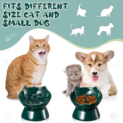 2 Pcs Ceramic Raised Slow Feeder Cat Bowl, 5.91inch Elevated Cat Slow Feeder Bowl Tilted Anti Vomiting for Dry Wet Food and Water Easy to Clean High Edge(Dark Green)