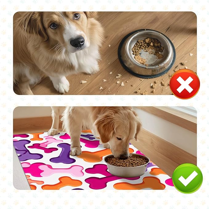 Colorful Dog Bone Pattern Pet Food Mat for Dog Food and Water Bowl Pet Feeding Bowl Mats for Pet Feeding Areas Funning Easy Clean Fast Dry Cat Water Bowl Mat 24" x 16"