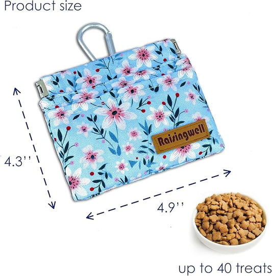 Raisingwell Dog Treat Pouch, Small Cotton Pocket Sized Training Holder, Hand Free Walking Fanny Bag with Carabiner, Self-Closing Pet Feed Snack Reward, Behavior Aids for Puppy Travel or Outdoor Use