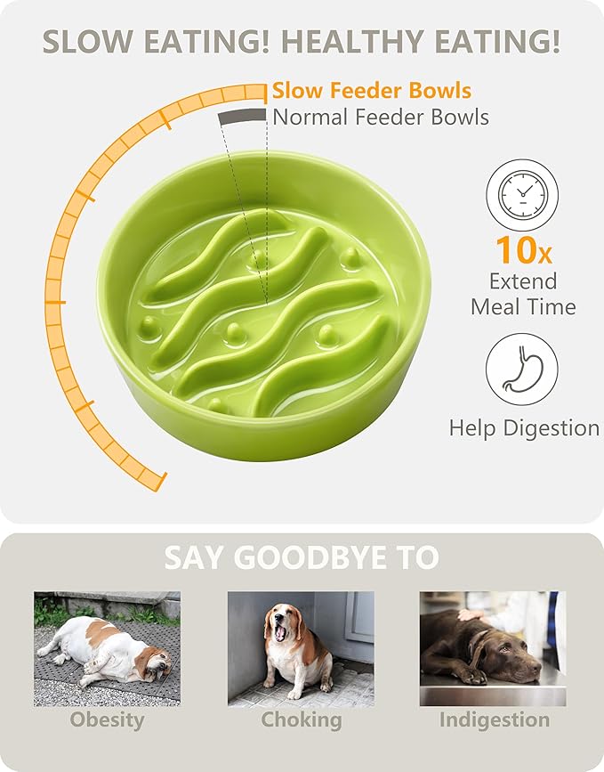 Ceramic Slow Feeder Dog Bowls for Small Dogs, 0.6 Cup Dog Slow Feeder for Fast Eater, Puzzle Maze Bowl, 14oz, 6in, Lime Green