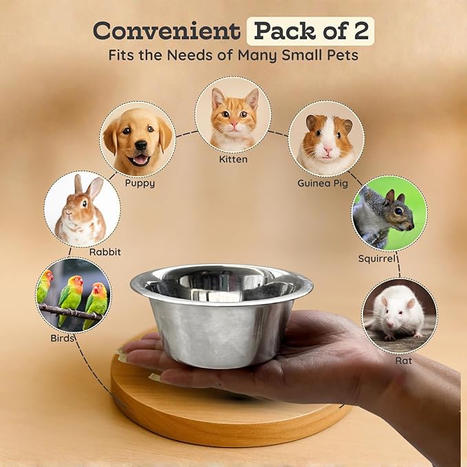 2 Pack Shallow Stainless Steel Cat & Dog Bowls, 1 Cup (8 oz) Each, Heavy Duty Small Pet Only Puppy Kitten & Birds Feeder Replacement Bowl, Rust Resistant Metal Cat Dishes for Food & Water