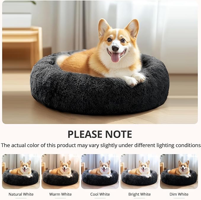 JOLLYVOGUE Calming Dog Beds Large Sized Dog, 36in Donut Washable Large Pet Bed, Anti-Slip & Anti-Anxiety Fluffy Faux Fur Round Dogs Bed, Fits up to 80 lbs Pets (Black)