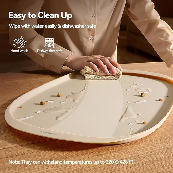 FEELNEEDY Silicone Cat & Dog Food Mat Waterproof, High Raised Edges for Leakage Protection, Dog Mat for Food and Water, Non-Slip Drip Tray, Easy Clean 18 * 12 * 0.5 inches Feeding Pad (Small, Beige)
