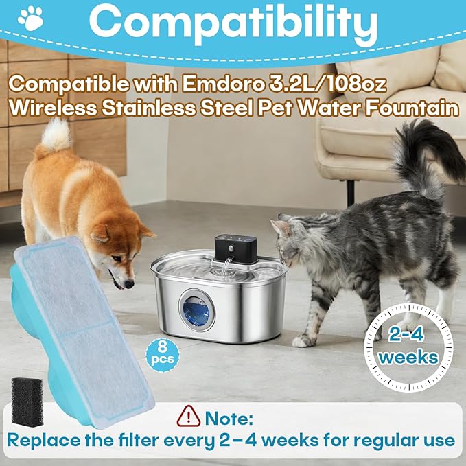 8-Pack Pet Water Fountain Filter Replacement for Emdoro Pet Water Fountain, Fit for 3.2L/108oz Wireless Stainless Steel Cat Water Fountain for 4 Months Supply