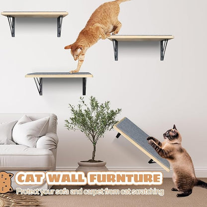 Burlywood Cat Furniture Indoor Set of 2: Wood Shelves with Scratching Pad, Climbing Shelf for Sleeping & Playing, Window Perch for Big Cats