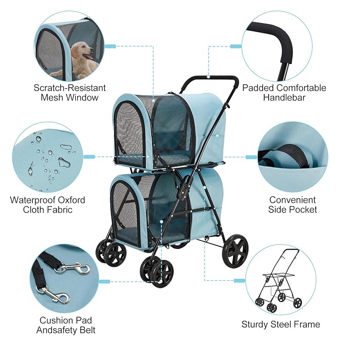 Double Pet Stroller for Dogs and Cats with 2 Detachable Carrier, Quick-Folding Dog Stroller for Medium Small Dogs Cats, 4 Wheels, Light Blue