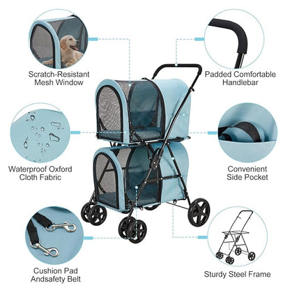 Double Pet Stroller for Dogs and Cats with 2 Detachable Carrier, Quick-Folding Dog Stroller for Medium Small Dogs Cats, 4 Wheels, Light Blue