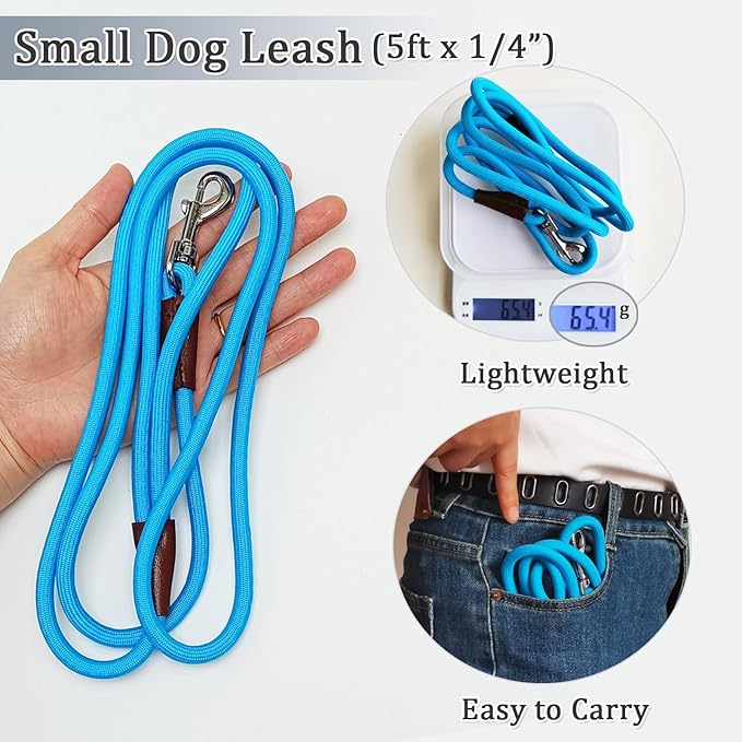 WYuZe 5ft Puppy Leash for Small Dogs, 1/4" Thin Rope Dog Leash with Easy to Use Hook, Teddy/Yorkie/Tiny Breed Lightweight Leashes-Behavioral Training Walking, 10 Colors, Blue