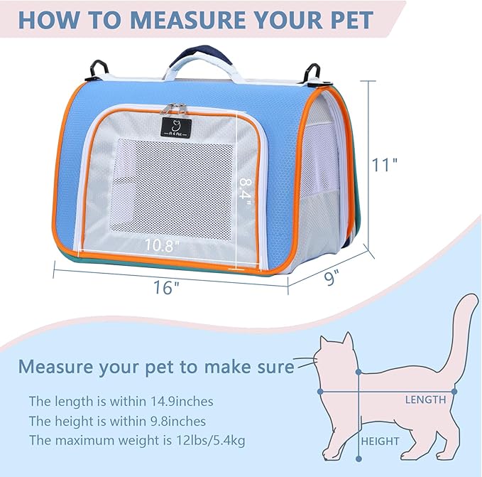 A 4 Pet Cat Carrier, Airline Approved Pet Carrier for Small Medium Cats Dogs Puppy with Safety Tether, Lightweight EVA Soft-Sided Bag, Anti-Collapse for Plane Car Train Vet