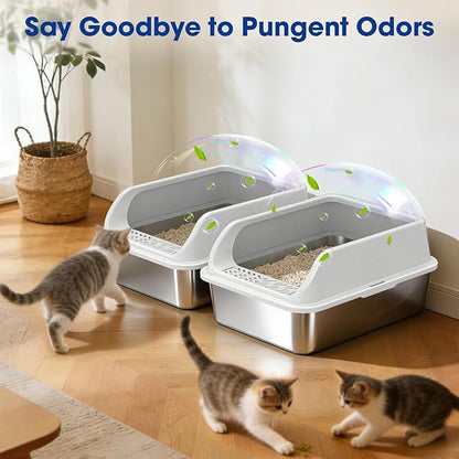 2 Pack Stainless Steel Litter Box with Lid, Kitten Metal Cat Litter Boxes High Sided Enclosed for Small Cat and Injured Cats Rabbit, Anti-Urine Leakage | Non-Stick Bottom & Includes Scoop