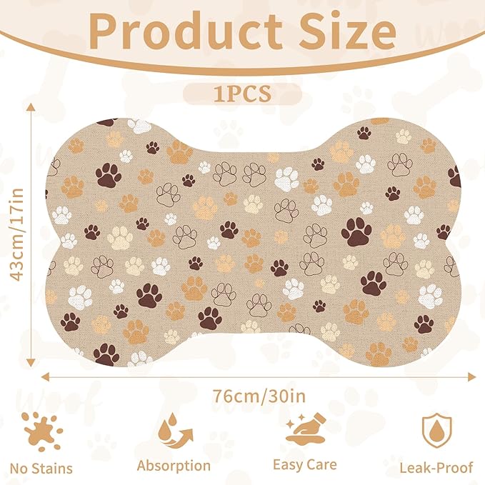 Pet Dog Cat Food Mat, Absorbent Bone Shaped Dog Bowl Mats for Food and Water, Non Slip Cute Dogs Cat Placemats Feeding Mat with Rubber for Floors Indoor Puppy Pet Accessories Supplies 17"x30" Khaki