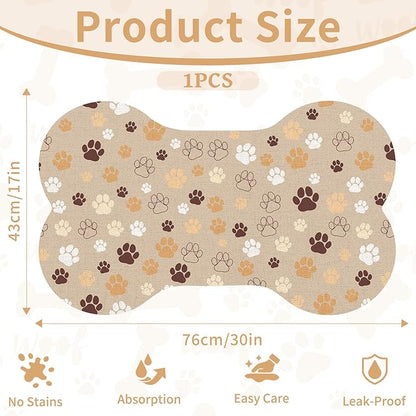 Pet Dog Cat Food Mat, Absorbent Bone Shaped Dog Bowl Mats for Food and Water, Non Slip Cute Dogs Cat Placemats Feeding Mat with Rubber for Floors Indoor Puppy Pet Accessories Supplies 17"x30" Khaki