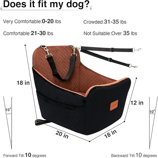 YOUVEE Dog Car Seat for Small/Medium Dog 20lbs 25lbs up to 32 lbs,Fully Detachable and Washable Puppy Booster seat with Storage Pockets,2 Adjustable Safety Belts(Black Outside Brown Inside)