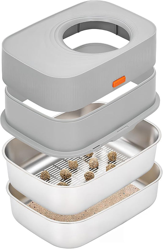 Stainless Steel Sifting Litter Box with Lid, Metal Litter Pan with Scoop for Big Cats Multi Cat, Extra Large Cats Litterbox Odor Control Easy Clean