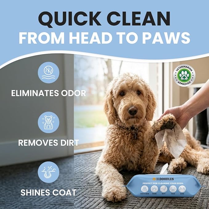 We Love Doodles Dog Wipes - Deodorizing & Cleaning Pet Wipes, for Coat, Face, Paws, Butt, & Body, Dog Essentials & Grooming Supplies, Made in USA, Unscented (100 Count)