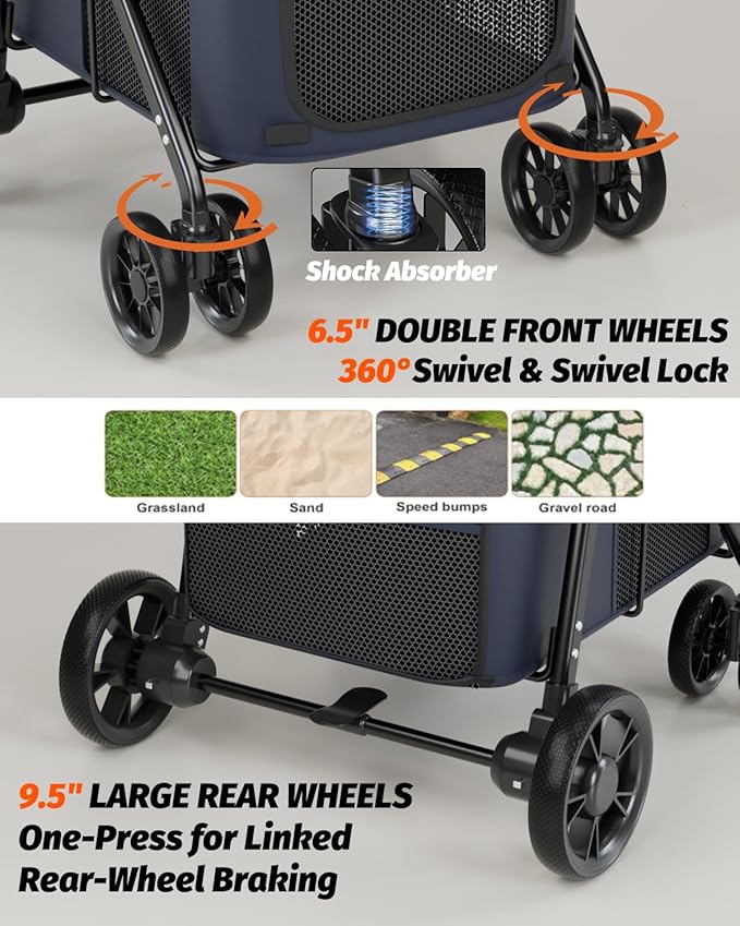 Dog Stroller for Large & Medium Dogs, Pet Stroller for 2 Small Dogs Up to 80 Lbs, Extra Large Heavy Duty, Folding & Breathable, All-Terrain Wheels, Navy Blue