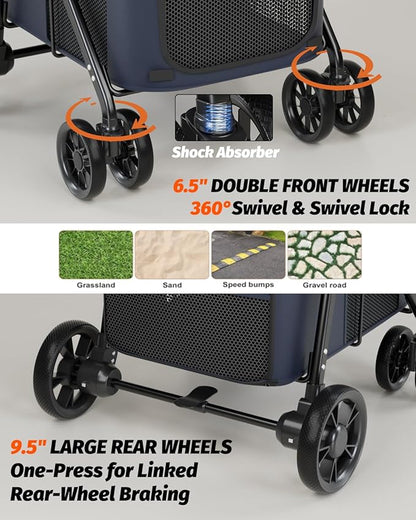 Dog Stroller for Large & Medium Dogs, Pet Stroller for 2 Small Dogs Up to 80 Lbs, Extra Large Heavy Duty, Folding & Breathable, All-Terrain Wheels, Navy Blue