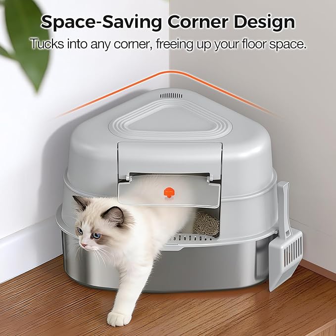 XXL Stainless Steel Corner Cat Litter Box with Lid - Sturdy, No Odor & Space-Saving Hidden Design for Large Cats, Grey