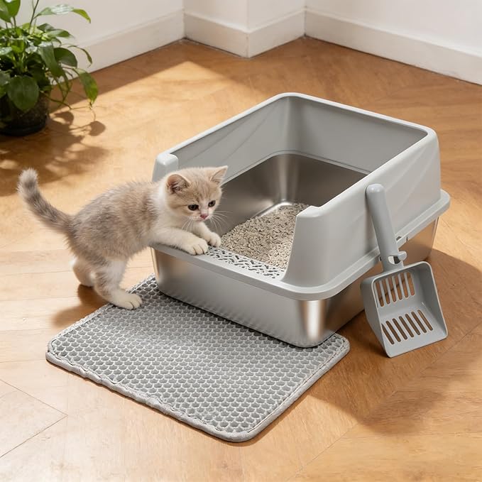 M Stainless Steel Cat Litter Box with Lid,Metal Litter Box High Sides for Kitty/Small Cats,Open Design,Indoor,1-Mat and 1-Scoop,Easy to Clean, No Odor,Anti-Urine Leakage
