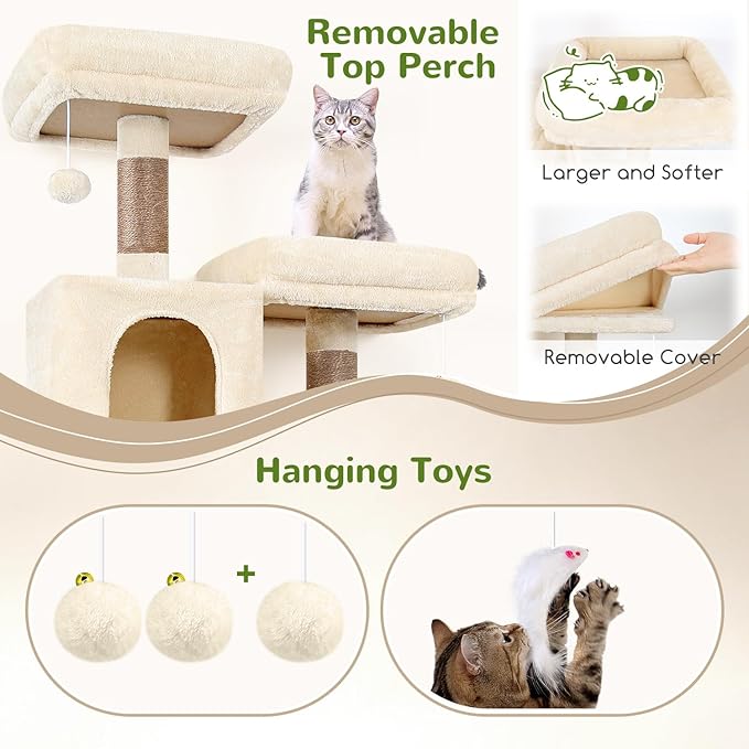 Globlazer Cat Tree Tower, 76-Inch Extra Tall Multi-Level Cat Furniture with Cozy Condos, Hammock and Perches for Adult Cats, Perfect for Climbing, Scratching, and Play, F76, Beige