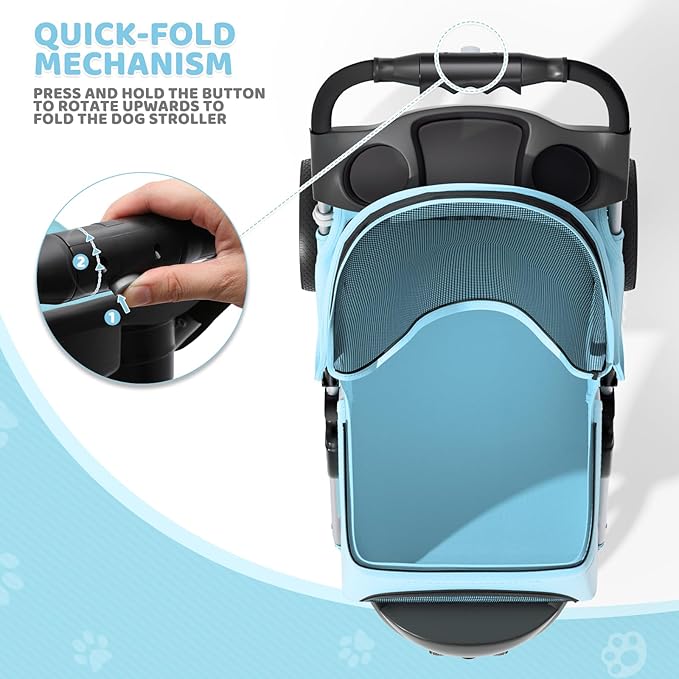 Magshion 3-Wheel Pet Stroller, Foldable Travel Jogger for Small & Medium Dogs & Cats (Up to 33lbs), Lightweight Carrier with Breathable Mesh Cover, Cup Holder & Storage Basket, Mint Green
