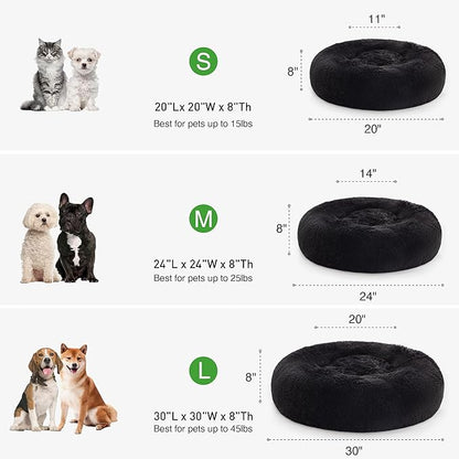 Love's cabin Calming Cat Bed for Indoor Cats,Anti-Anxiety Donut Round Dog Bed,Fluffy Faux Fur Washable Pet Bed for Small Medium Dogs and Cats,Black,24in