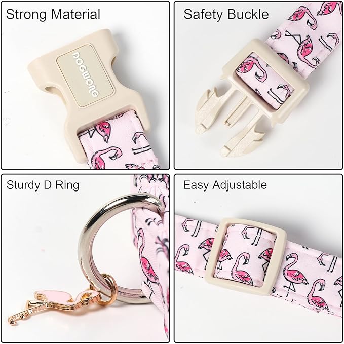 DOGWONG Cute Pet Dog Collar Pink Flamingos Cotton Dog Collar- Soft Girl Puppy Adjustable Pet Collars for Small Medium Large Dogs,S