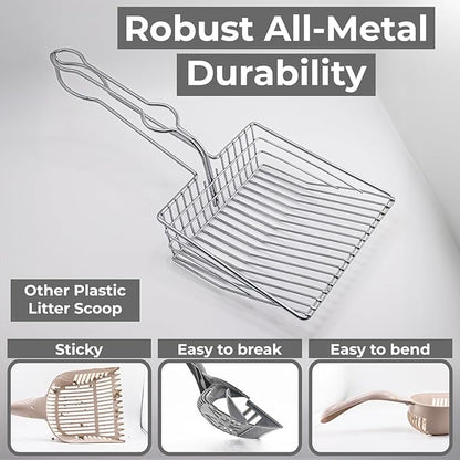 Cat Litter Scoop - Extra Large Heavy Duty Metal Kitty Litter Scoop, Premium Stainless Steel Cat Poop Scooper, Durable Sifting Shovel with Long Handle for Easy Cleanup, Best cat scooper for litter box