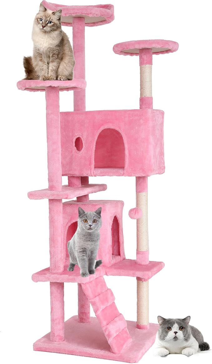 BestPet | 70" Cat Tree Tower | Pink | Sturdy, Easy to Assemble, Multi-Level Activity Center with Sisal Scratching Posts, Condos, Perches, Hanging Cat Toys, Observation Decks & Ladder