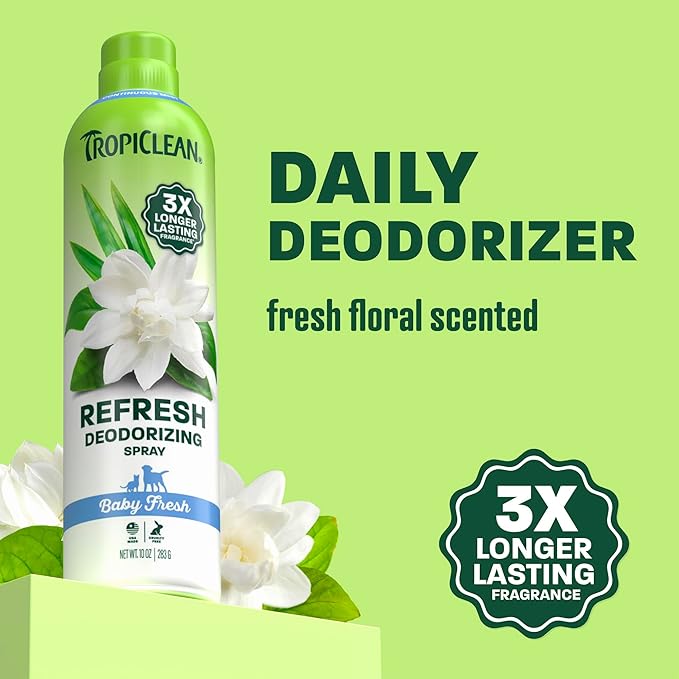 TropiClean Dog Perfume, Baby Fresh Scented Dog Deodorizing Spray, 3X Long-Lasting Scent, After Bath Cologne & Detangling Spray with Vitamin E, 10oz.
