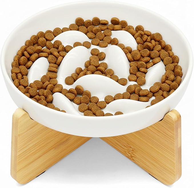 Non-Slip Rubberwood Elevated Cat Feeder Stand - 6.1"x3.5" Detachable Bowl Holder, Ergonomic Anti-Vomiting Raised Pet Dish Stand (White(Ceramic)-Bamboo Stand)