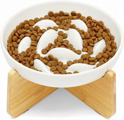 Non-Slip Rubberwood Elevated Cat Feeder Stand - 6.1"x3.5" Detachable Bowl Holder, Ergonomic Anti-Vomiting Raised Pet Dish Stand (White(Ceramic)-Bamboo Stand)