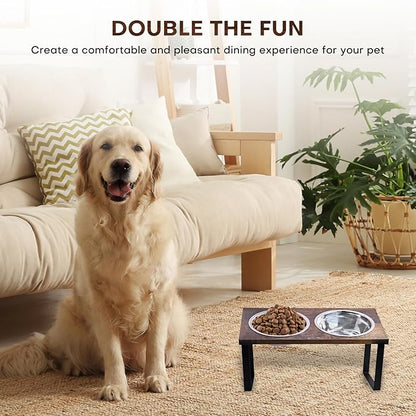 Elevated Dog Food and Water Bowl Set, Large Dog Bowl with Stand, Rustic Wooden Raised Feeder with Stainless Steel Bowls, Tilted Design for Medium and Large Dogs (Black)