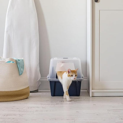 IRIS USA Cat Litter Box, Litter Box Enclosure with Scoop, Split Hood and Front Door Flap, Covered Kitty Litter Box for Privacy, Portable, Easy to Clean, Navy