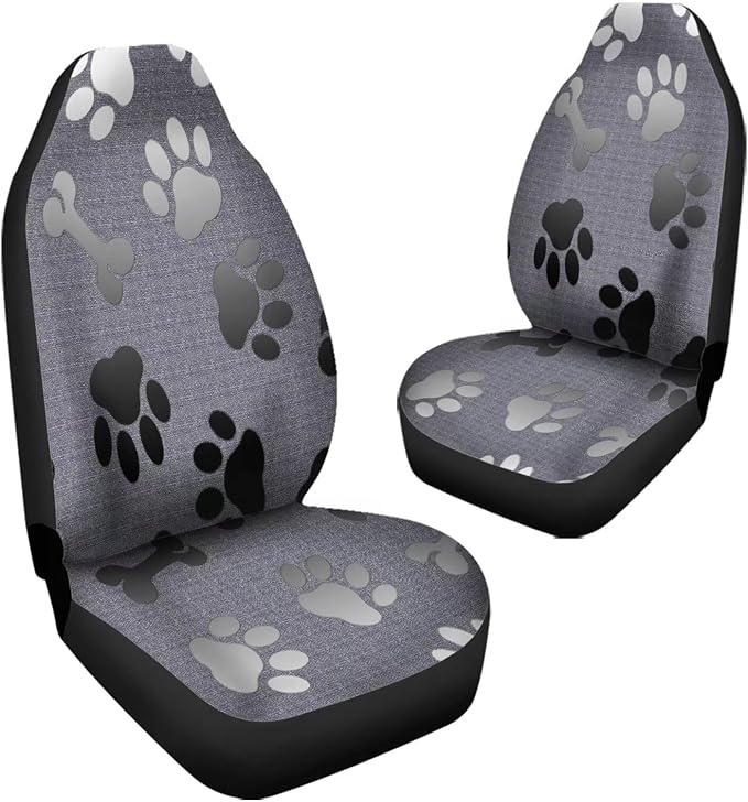Grey Black Dog Paw Bones Printed Car Seat Cover only for Front, Waterproof Soft Universal Bucket Seats Cover Protector Fit Most Vehicles
