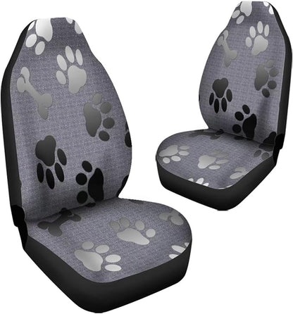 Grey Black Dog Paw Bones Printed Car Seat Cover only for Front, Waterproof Soft Universal Bucket Seats Cover Protector Fit Most Vehicles