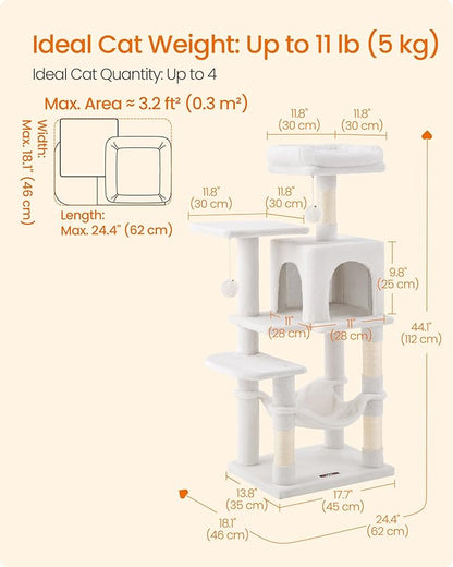 Feandrea Cat Tree, 44.1-Inch Cat Tower, Plush Multi-Level Condo with 4 Scratching Posts, 2 Perches, Hammock, Cave, Cream White UPCT261T01