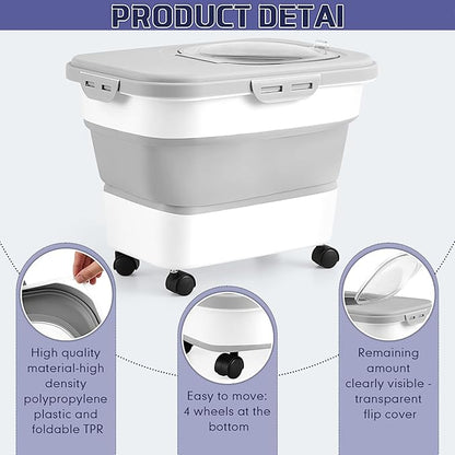 Juexica Collapsible Cat Litter Storage Bin Container with Rolling Casters, 20 Lbs Portable Cat Litter Storage Container with Airtight Lids, Shovel, Kitchen Cereal Rice Leakproof Sealable(Grey, White)