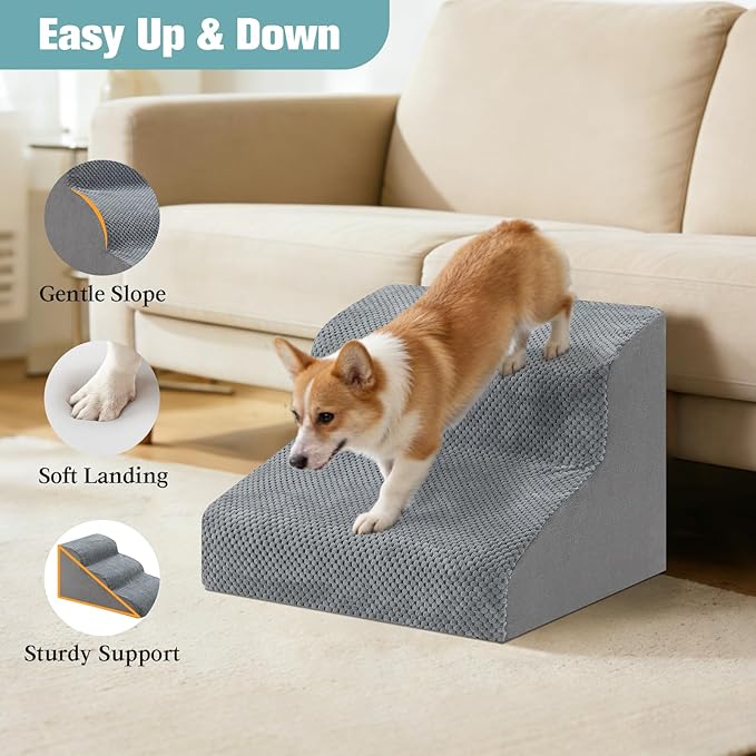 Dog Stairs for Small Dogs, 2-Step Dog Steps for Couch Sofa and Chairs, High-Density Foam Pet Steps Ramp with Removable Washable Cover for Older Injured Puppy Dogs and Cats, 11.81" H, Grey