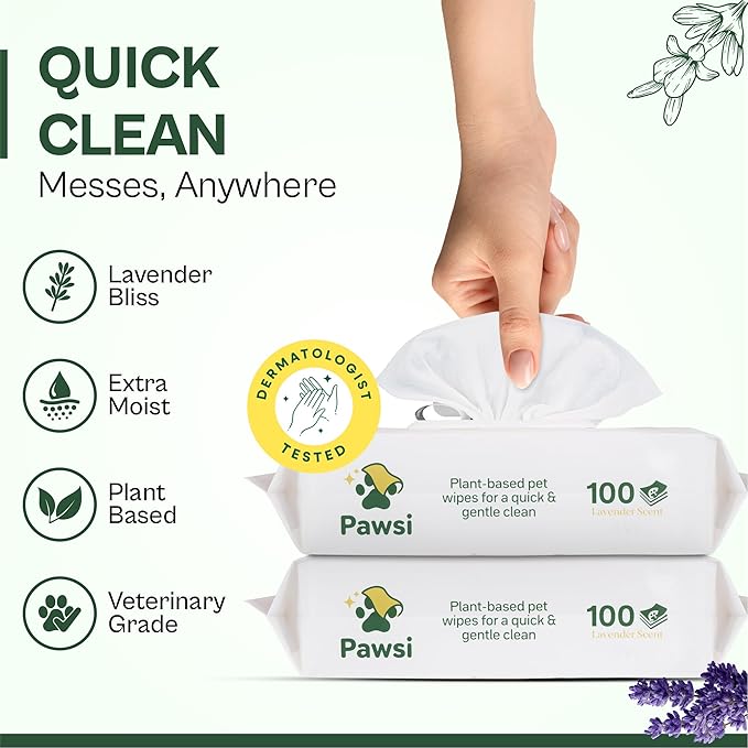 Pawsi Pet Wipes for Dogs and Cats, Hypoallergenic Grooming Wipes for Paws, Body and Butt, Cleaning and Hydrating, Lavender Scented, 2 Pack (100 Wipes Each, 200 Total)