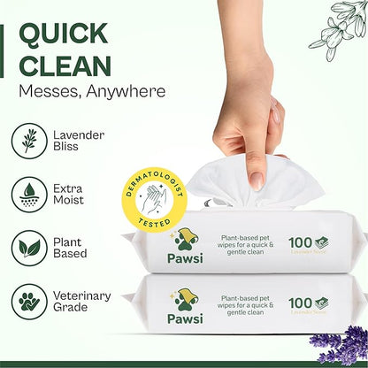 Pawsi Pet Wipes for Dogs and Cats, Hypoallergenic Grooming Wipes for Paws, Body and Butt, Cleaning and Hydrating, Lavender Scented, 2 Pack (100 Wipes Each, 200 Total)