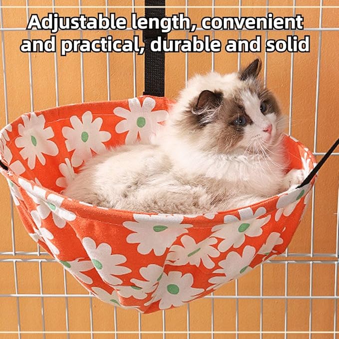 Cat Hammock Lounge Cat Hanging Bed for Cage Kennel Chair with Metal Frame, Adjustable Straps, Built-in Steel Support, Suitable for All Seasons (Orange,Small)