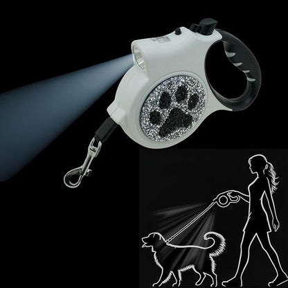 Led Retractable Dog Leash – 16ft Leash with Handcrafted Sparkle Detail Tangle-Free One-Hand Brake Soft Grip Handle for Small & Medium Dogs Up to 77lbs (DL-White)